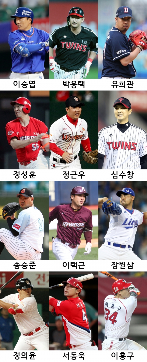 사진 제공 : 이승엽(삼성 라이온즈), 박용택(LG 트윈스), 유희관(두산 베어스), 정성훈(기아 타이거즈), 정근우(SK 와이번스, 現 SSG 랜더스), 심수창(LG 트윈스), 송승준(롯데 자이언츠), 이택근(키움 히어로즈), 장원삼(삼성 라이온즈), 정의윤(SK 와이번스, 現 SSG 랜더스), 서동욱, 이홍구(기아 타이거즈)