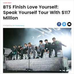 "BTS 스타디움투어로1억1천660만 달러 매출…10월 세계 2위"