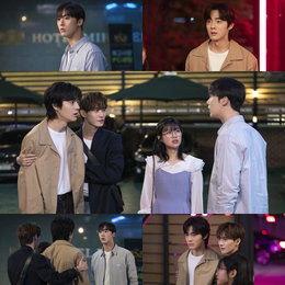 <내 여자친구는 상남자> 윤산하-유정후, 일촉즉발 ‘모텔 앞 대면’ 혼돈의 카오스 현장 포착